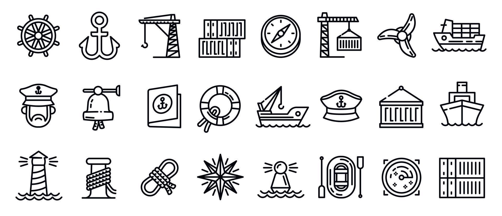 conjunto de ícones do porto marítimo, estilo de estrutura de tópicos vetor