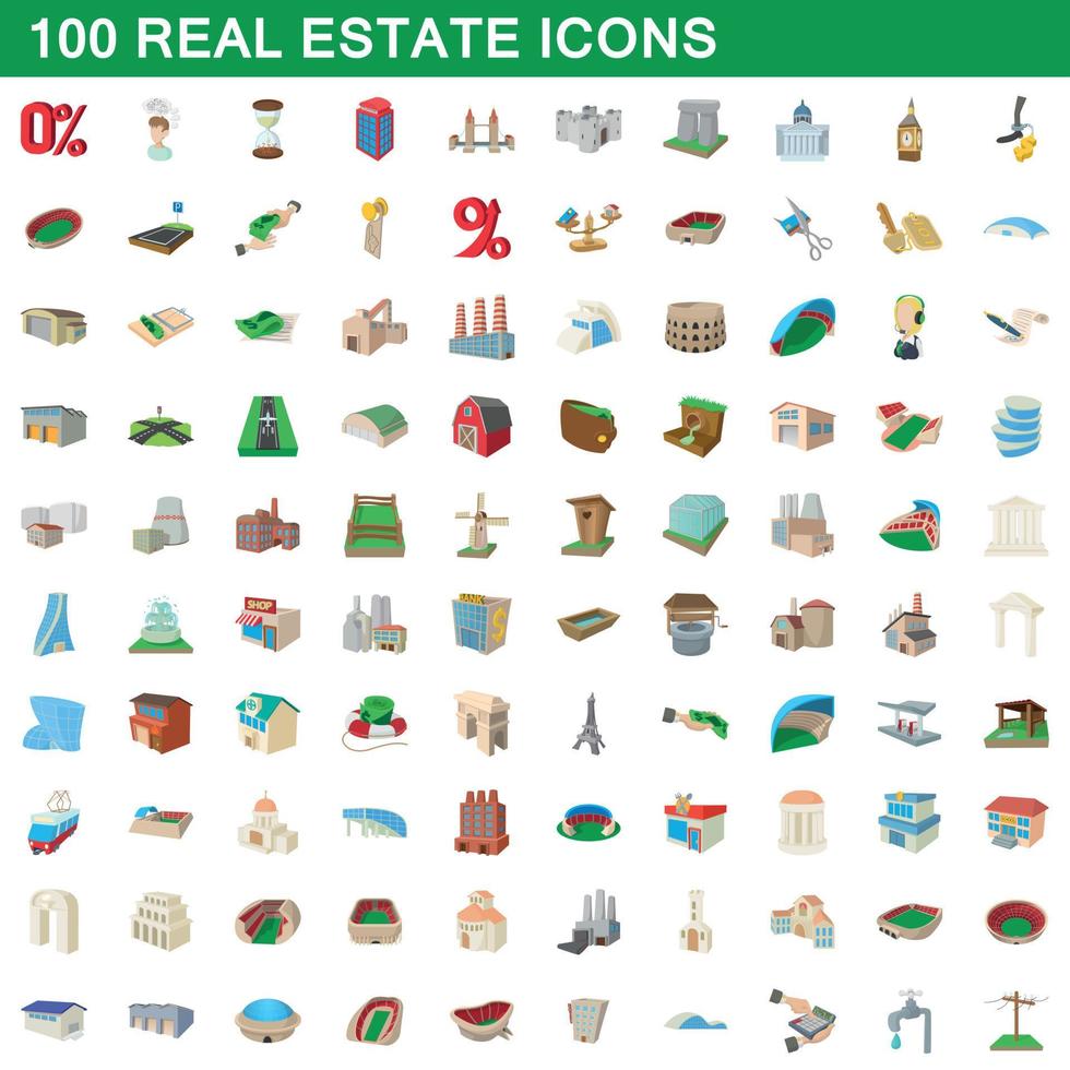 conjunto de 100 ícones imobiliários, estilo cartoon vetor