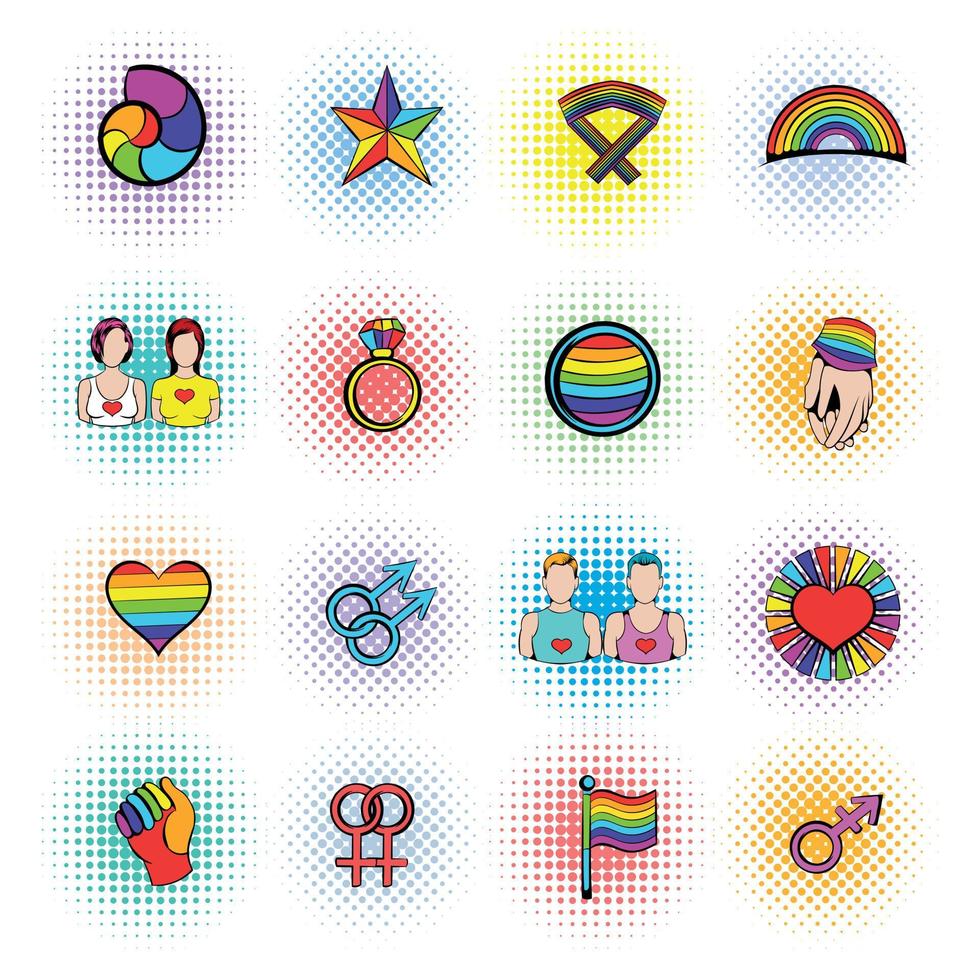 conjunto de ícones de símbolos lgbt, estilo de quadrinhos vetor