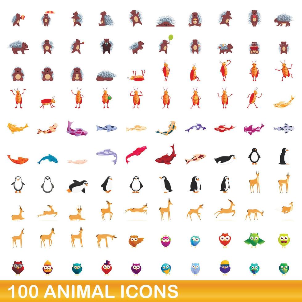 conjunto de 100 ícones de animais, estilo cartoon vetor