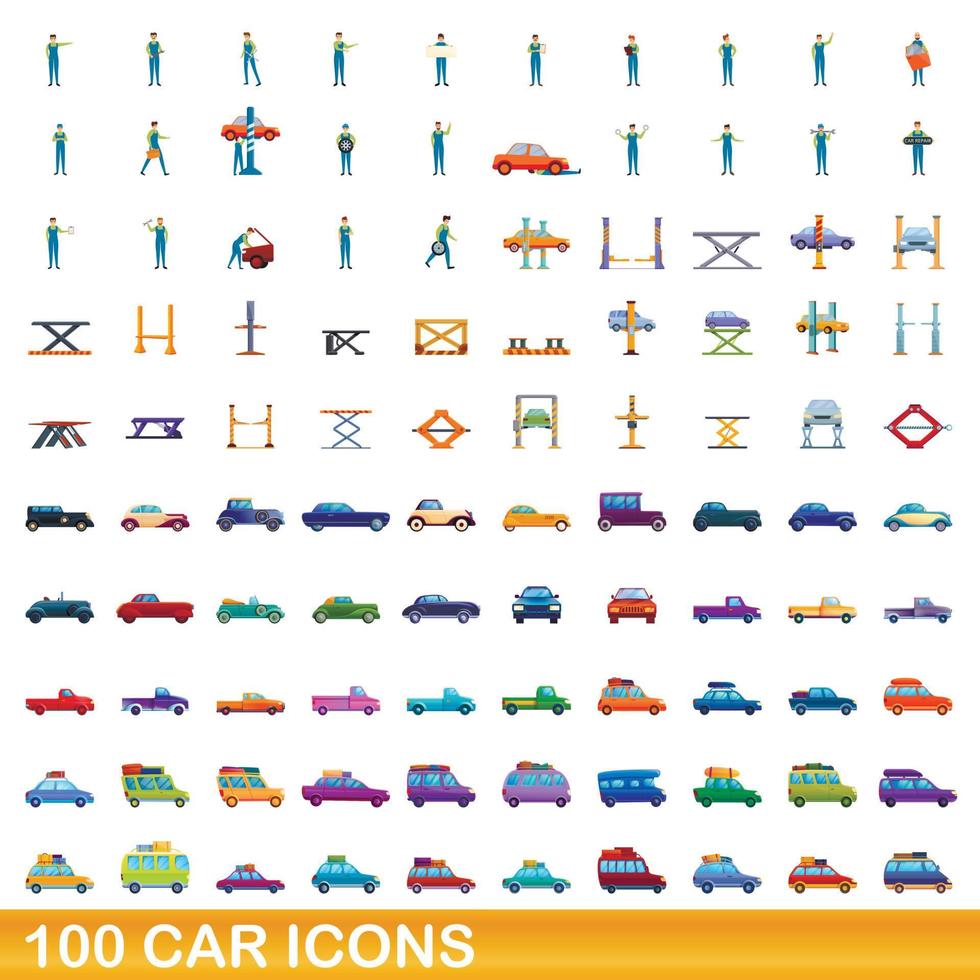 conjunto de 100 ícones de carro, estilo cartoon vetor