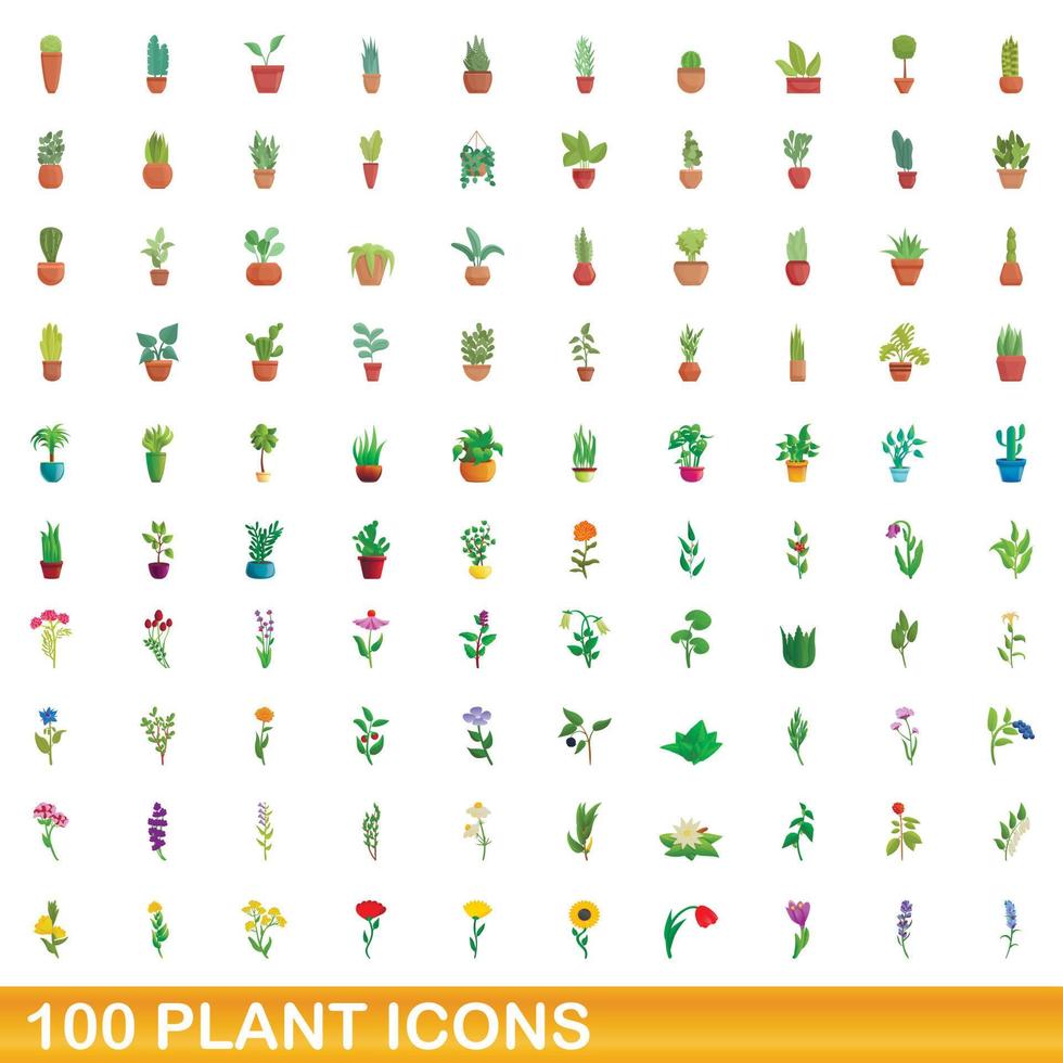 conjunto de 100 ícones de plantas, estilo cartoon vetor