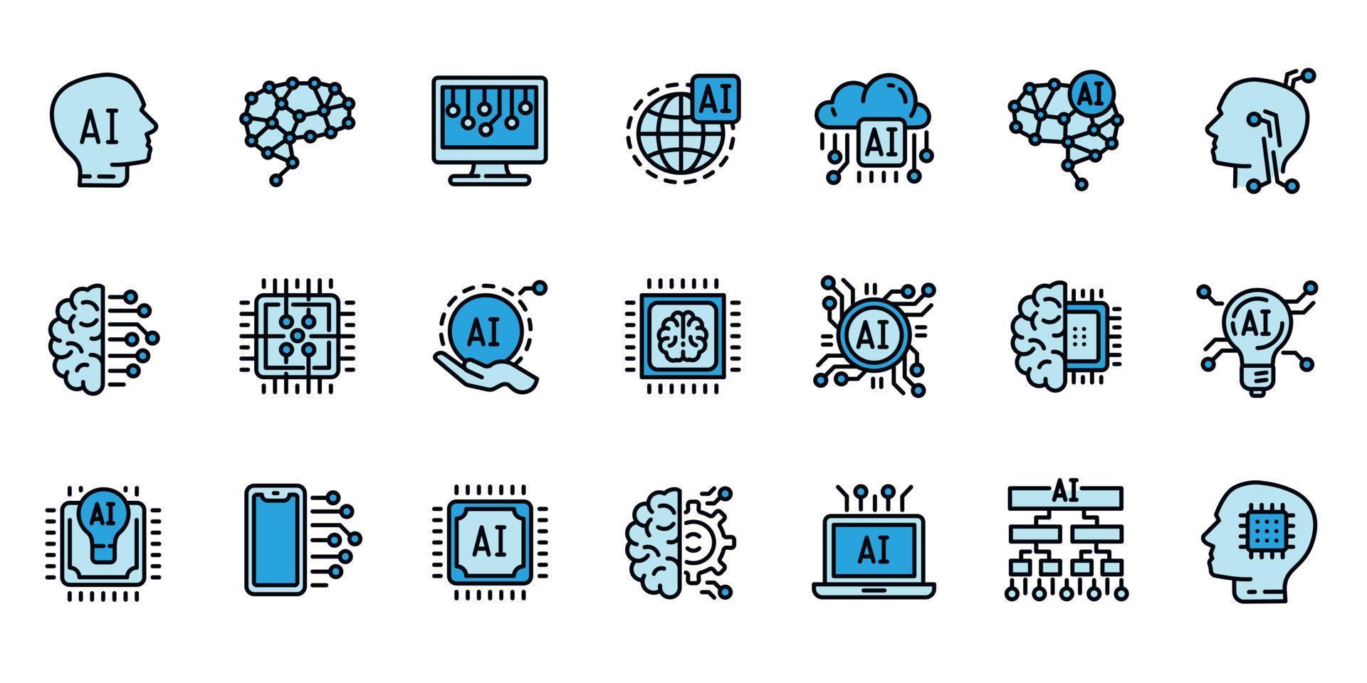 ícones de inteligência artificial definir vetor de contorno. cérebro robótico