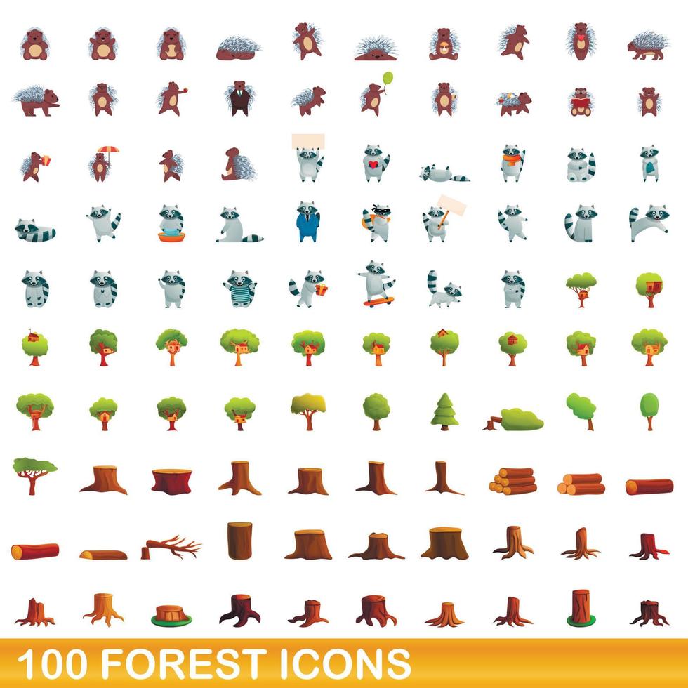 conjunto de 100 ícones da floresta, estilo cartoon vetor
