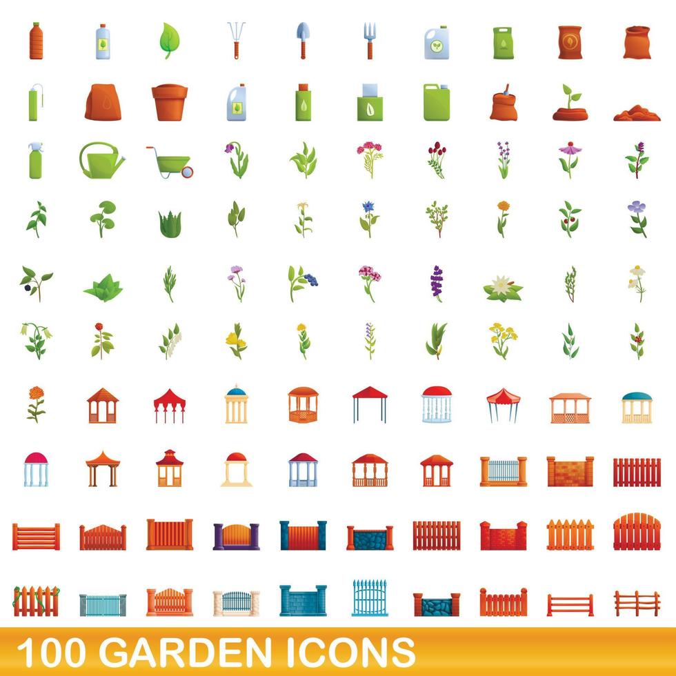 conjunto de 100 ícones de jardim, estilo cartoon vetor