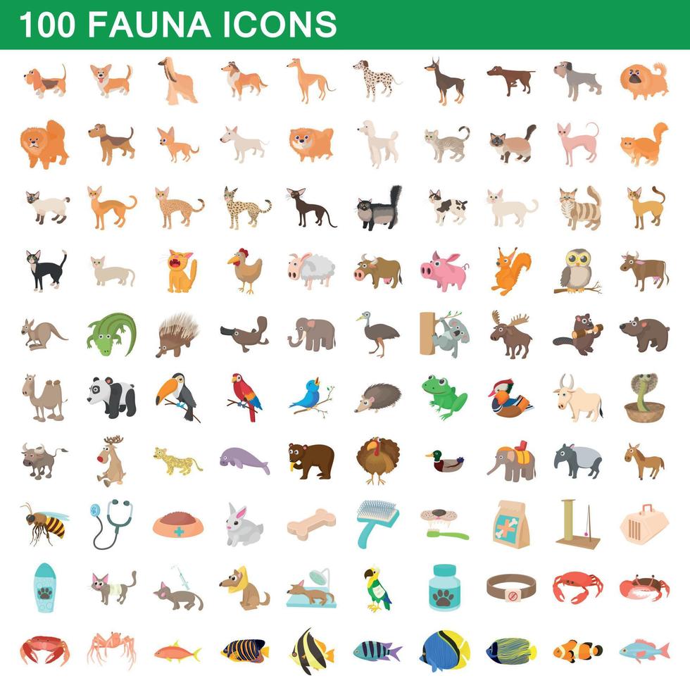 conjunto de 100 ícones da fauna, estilo cartoon vetor