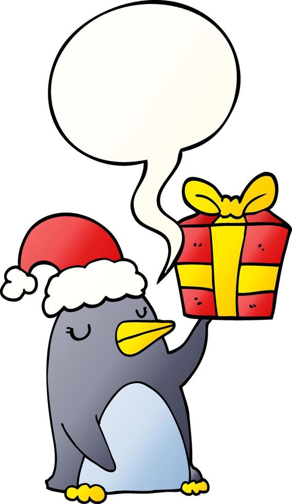 pinguim de desenho animado e presente de natal e bolha de fala em estilo gradiente suave vetor