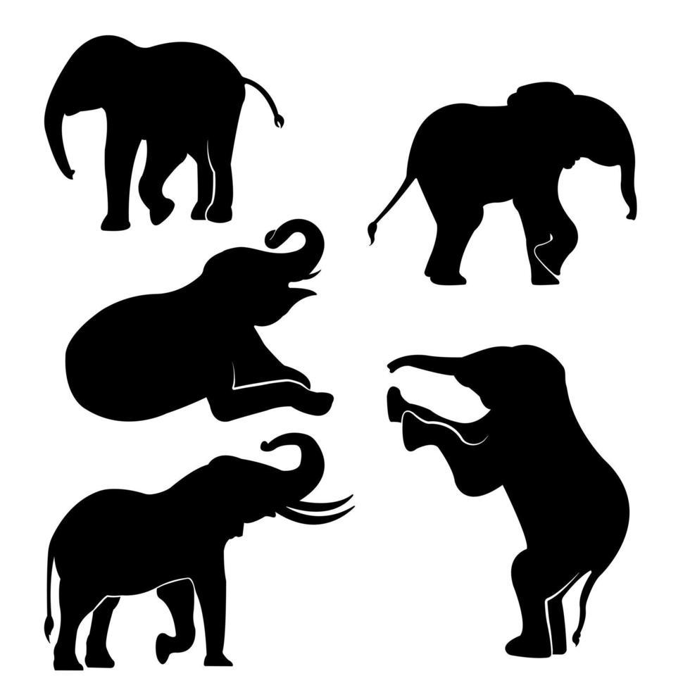 um conjunto de silhuetas de vetor de elefante isolado em um fundo branco.