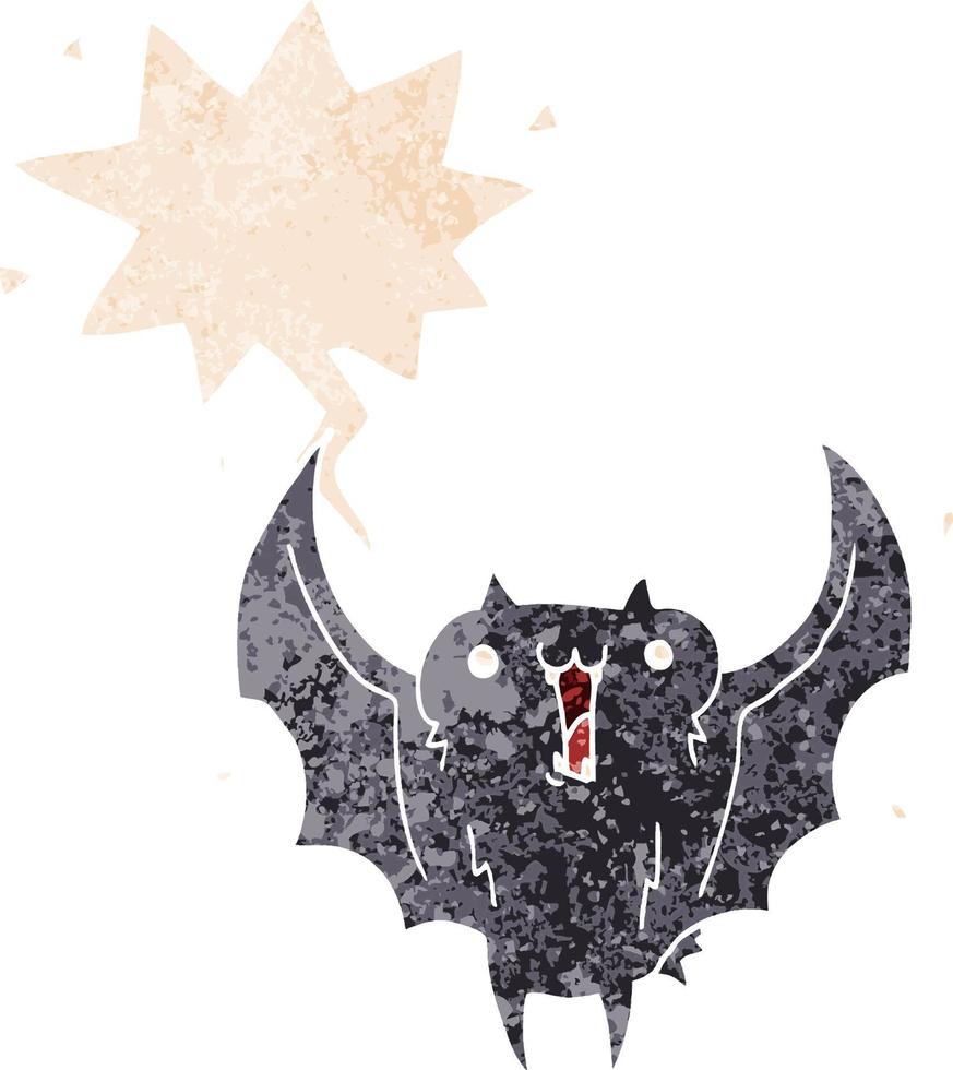desenho animado morcego-vampiro feliz e bolha de fala em estilo retrô-texturizado vetor