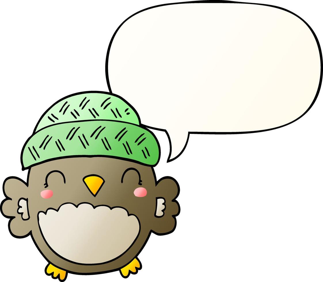 coruja de desenho animado bonito no chapéu e bolha de fala no estilo de gradiente suave vetor