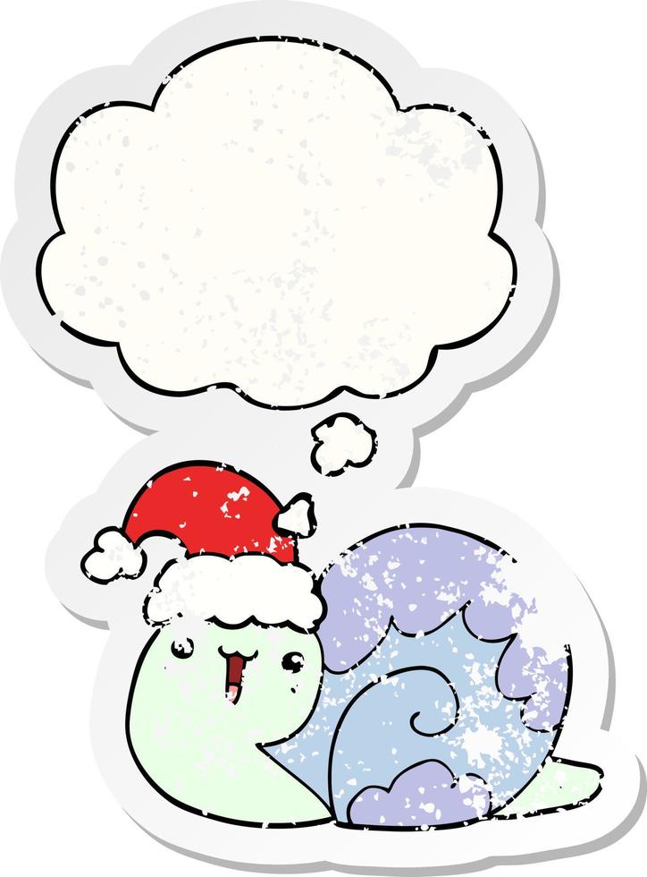 caracol de natal bonito dos desenhos animados e bolha de pensamento como um adesivo desgastado vetor