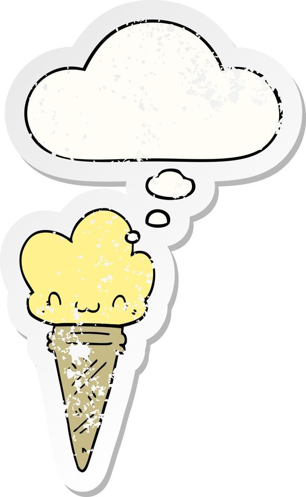 sorvete de desenho animado com rosto e balão de pensamento como um adesivo desgastado vetor