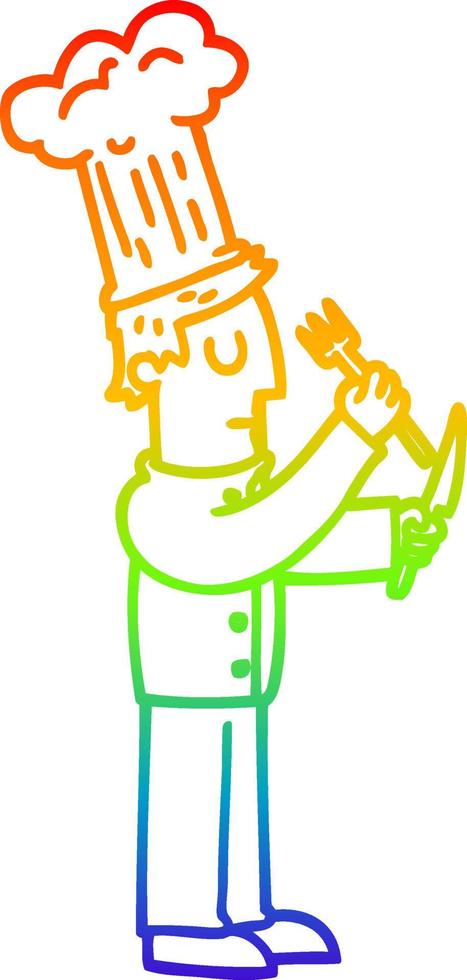 Chef de desenho animado de desenho de linha de gradiente de arco-íris com faca e garfo vetor