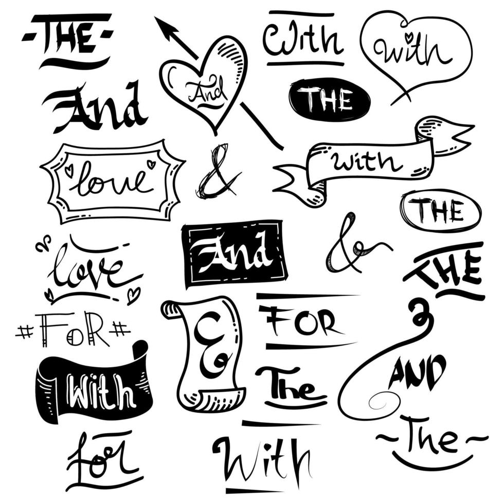conjunto de elementos de design de palavras-chave e e comercial desenhados à mão. ilustração vetorial de rabiscos vetor