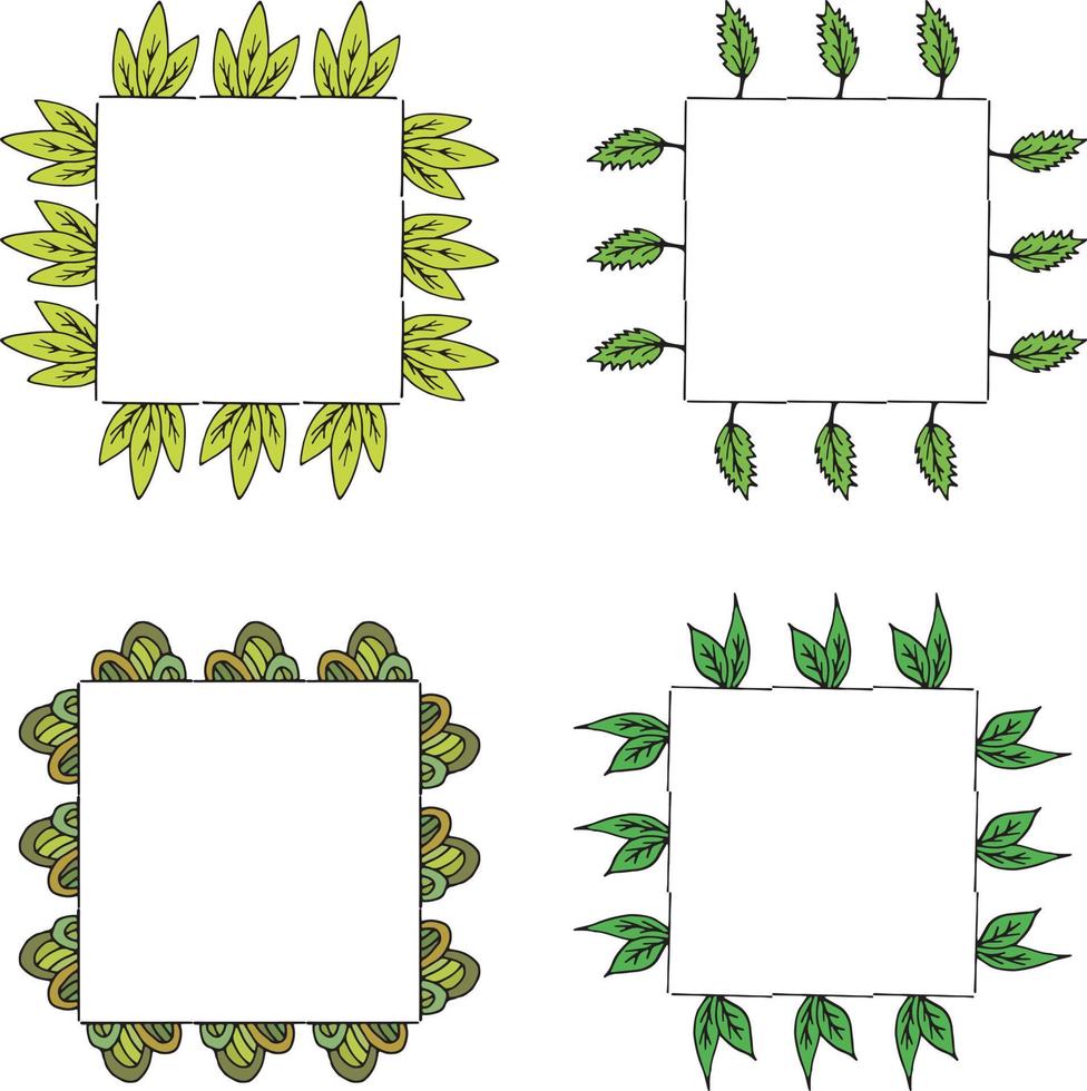 quatro molduras quadradas com elementos vegetais e folhas verdes. quadros isolados em fundo branco para seu projeto vetor