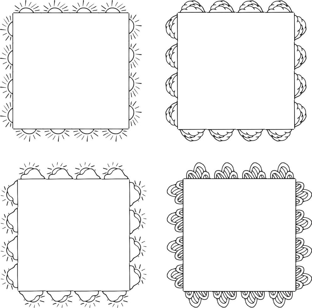 quatro molduras quadradas em preto e branco com sóis, nuvens e elementos decorativos. quadros isolados em fundo branco para seu projeto vetor