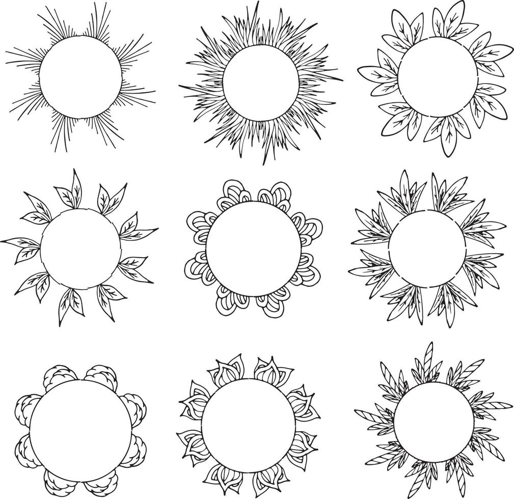 nove molduras redondas com elementos decorativos. coroas de flores isoladas em fundo branco para seu projeto vetor