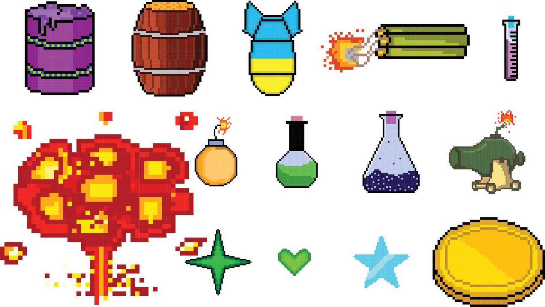 Conjunto de ícones de jogo de pixel art de 8 bits. Conjunto de pixels de elementos de interface do usuário. mundo do jogo e cena de pixel. vetor