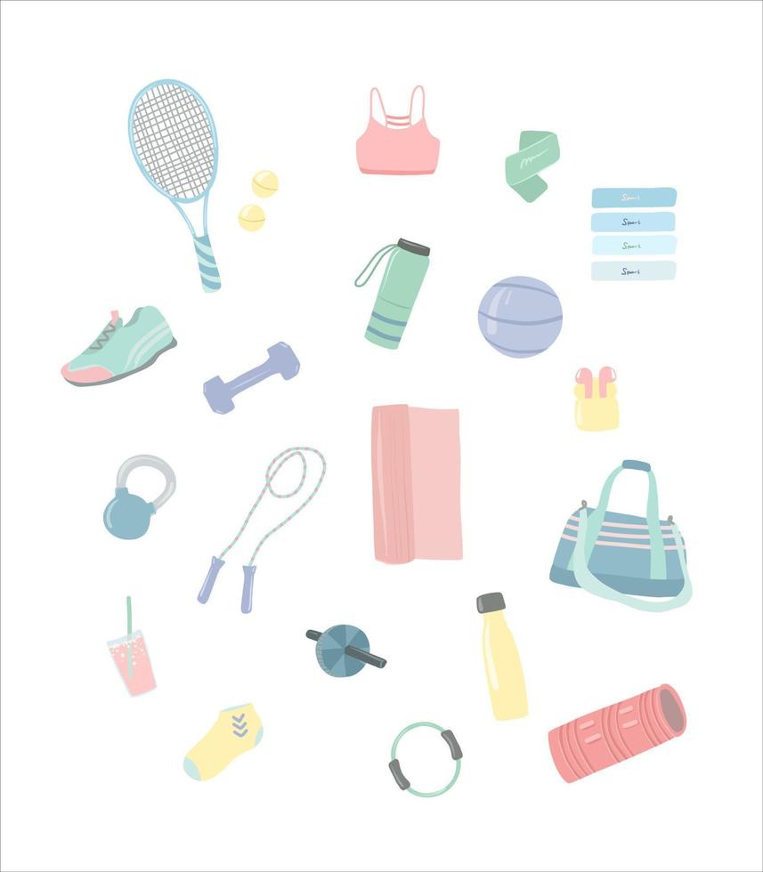 um conjunto de ícones desenhados à mão sobre um tema esportivo. tapete de ioga, tênis, halteres, raquete, bolas. vetor