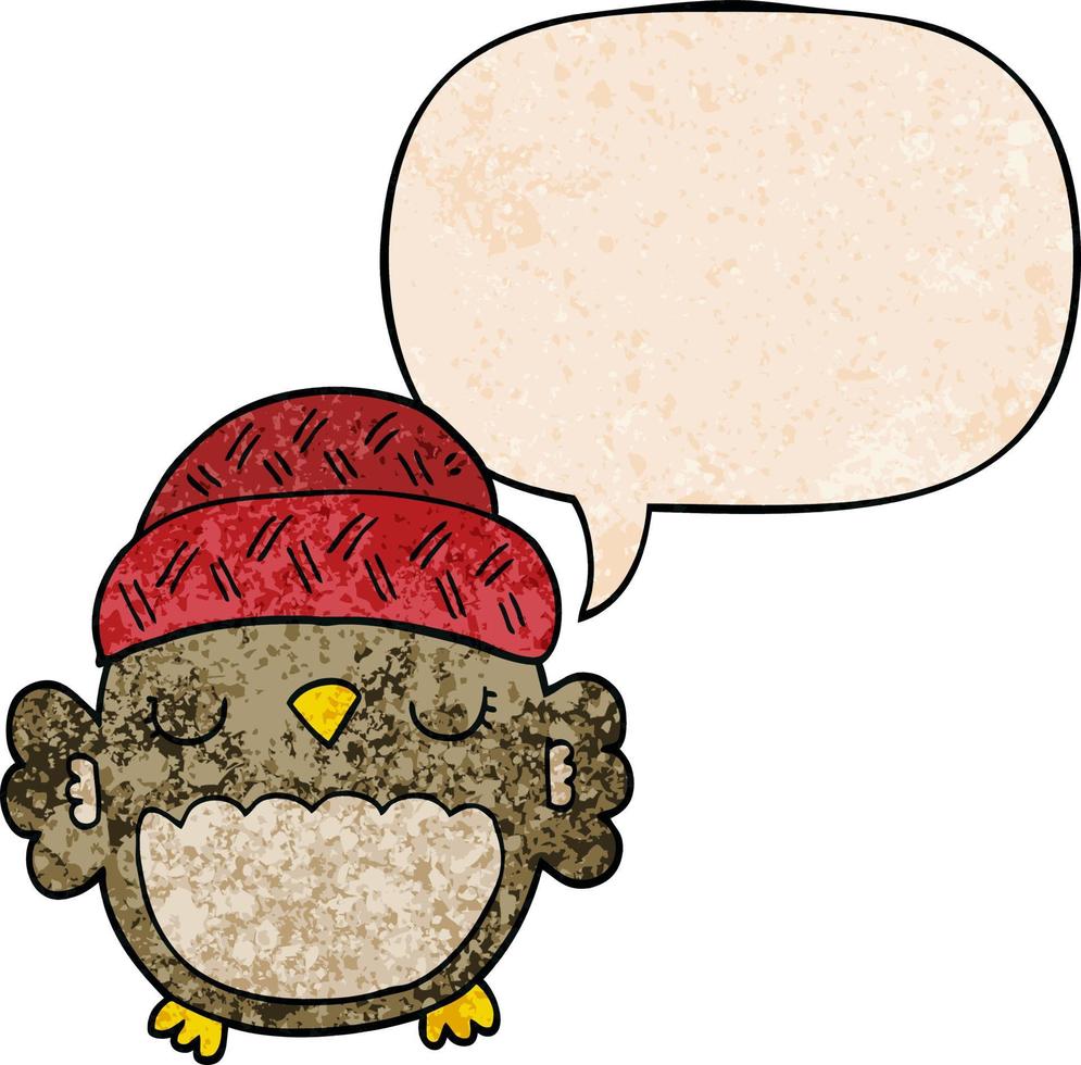 coruja de desenho animado bonito no chapéu e bolha de fala no estilo de textura retrô vetor