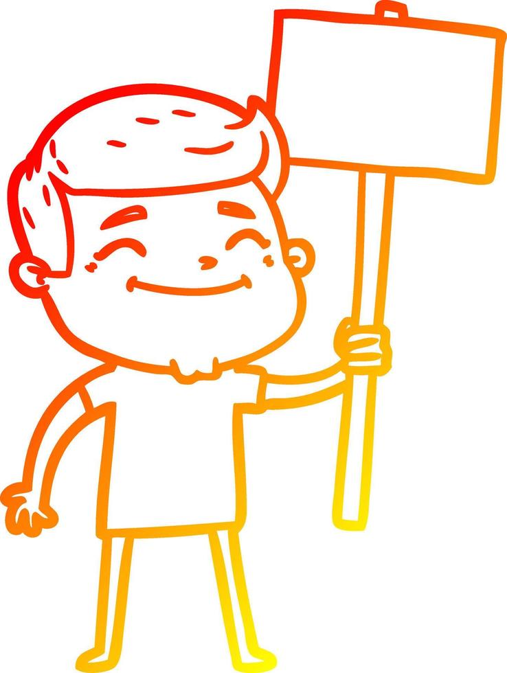 linha de gradiente quente desenhando homem de desenho animado feliz com cartaz vetor