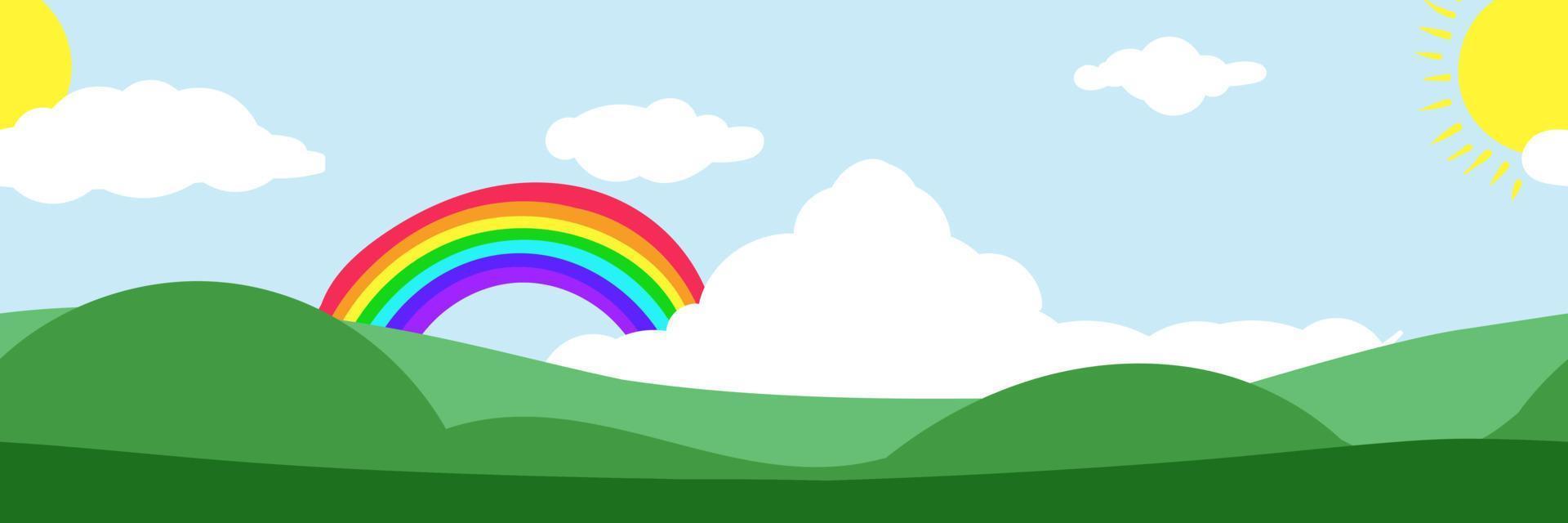 fundo tileable paisagem de prado feliz em dia ensolarado com desenho de arco-íris crianças padrão walpaper vetor