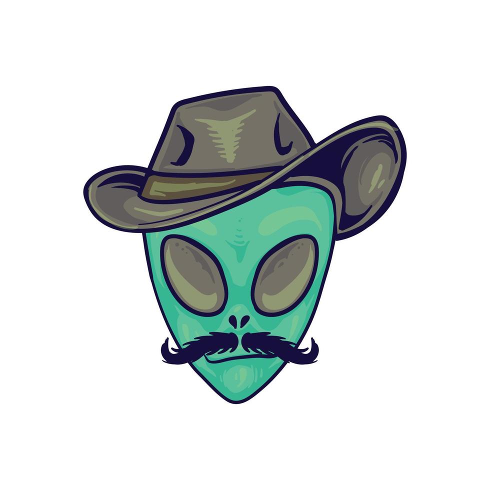 ilustração isolado desenho animado cabeça alienígena desenhada à mão usando chapéu de cowboy e bigode vetor