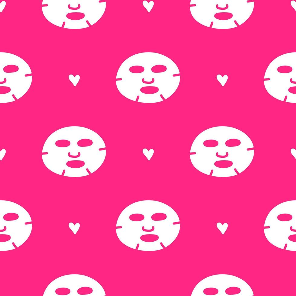 padrão sem costura rosa simples com máscaras de folha cosmética doodle e corações. vetor