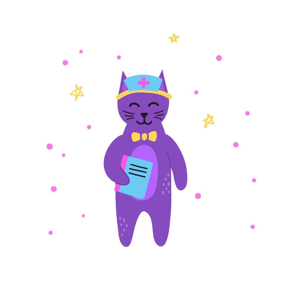 personagem de gato médico violeta doodle bonito com cartão médico isolado no fundo branco. vetor