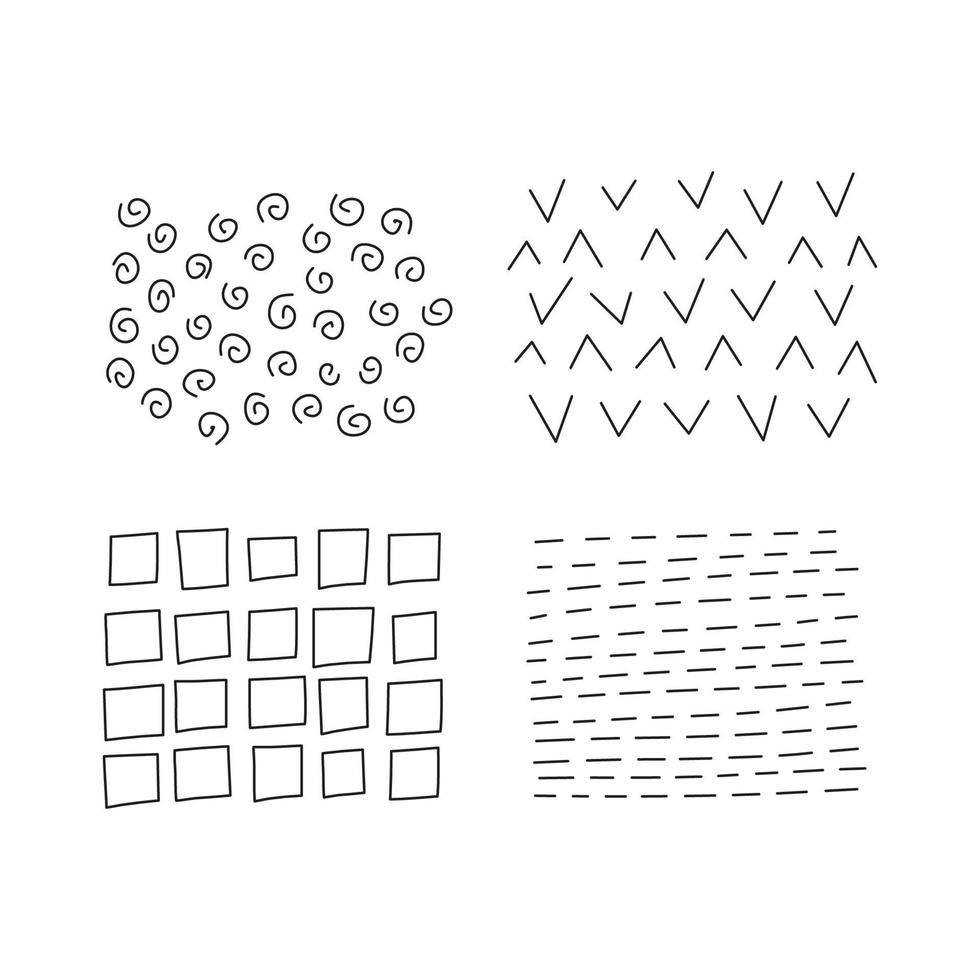 conjunto de texturas de rabisco abstrato doodle isolado no fundo branco. redemoinhos de tinta à mão livre, linhas, cheques, quadrados. vetor