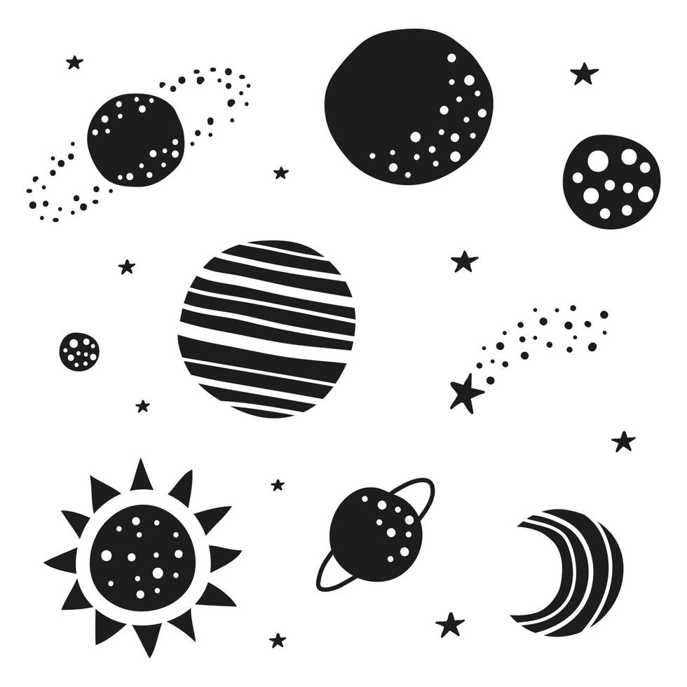 conjunto de planetas doodle, estrelas, lua, ícones de sol isolados no fundo branco. vetor