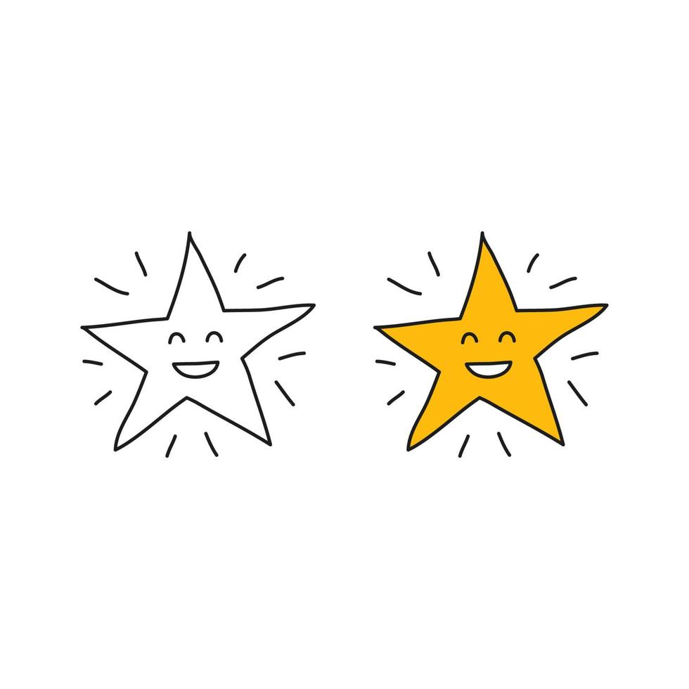 doodle contorno e ícone de personagem feliz estrela colorida isolado no fundo branco. vetor