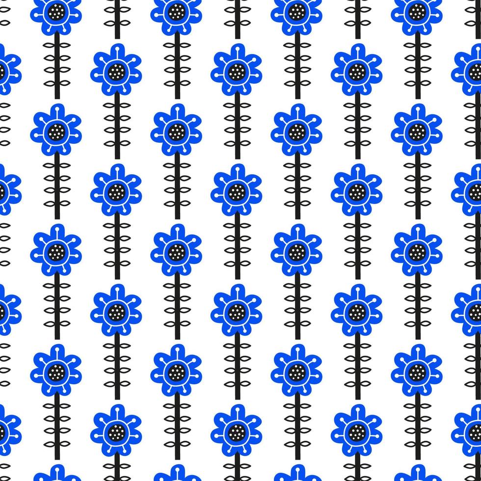 padrão sem costura branco com flores azuis doodle no estilo de arte folclórica escandinava. vetor