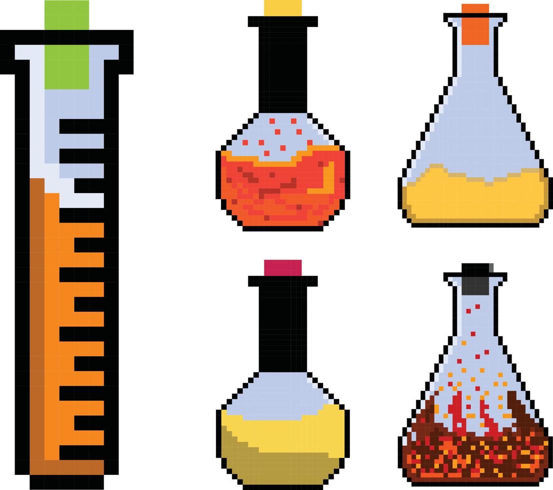 tubo de ensaio de pixel art, conjunto de pixels de vidraria de laboratório de ciências. vetor
