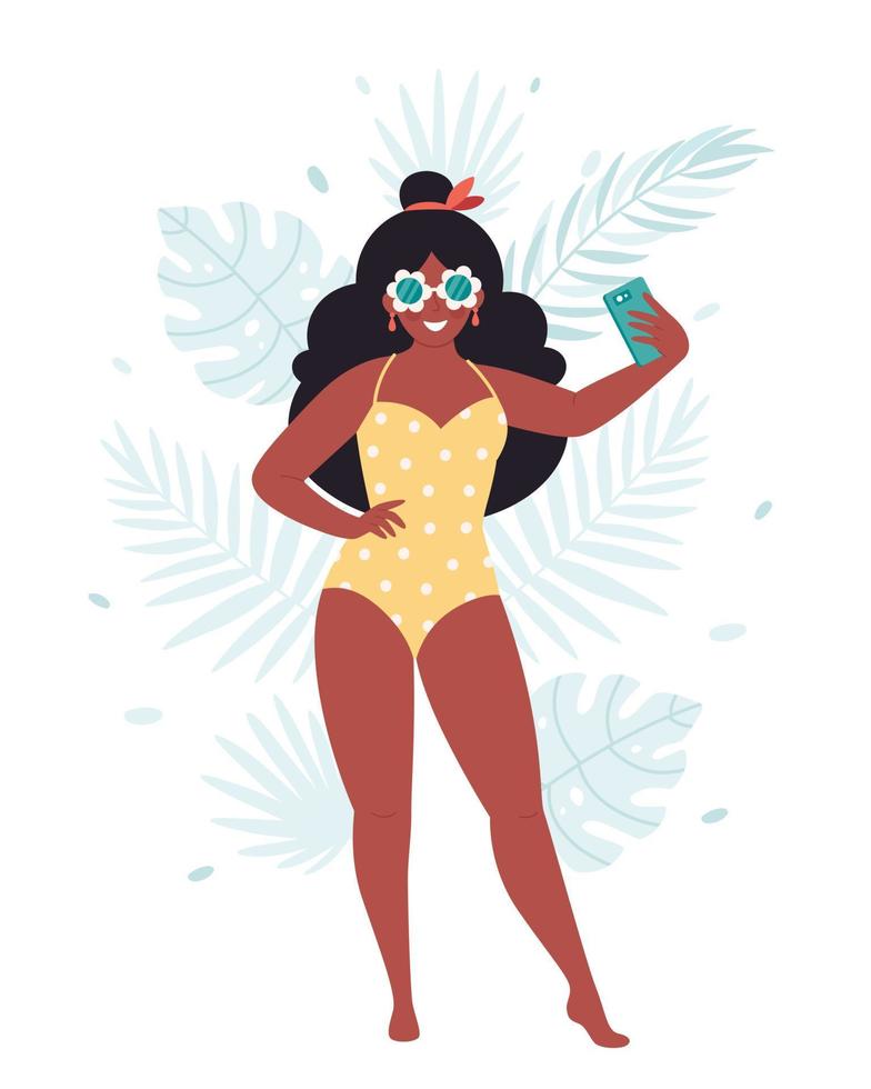 mulher negra de óculos retrô e maiô fazendo selfie ou vídeo resording. olá verão, férias de verão vetor