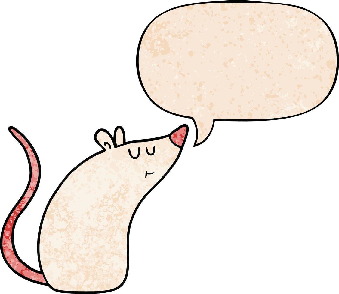 mouse branco de desenho animado e bolha de fala no estilo de textura retrô vetor