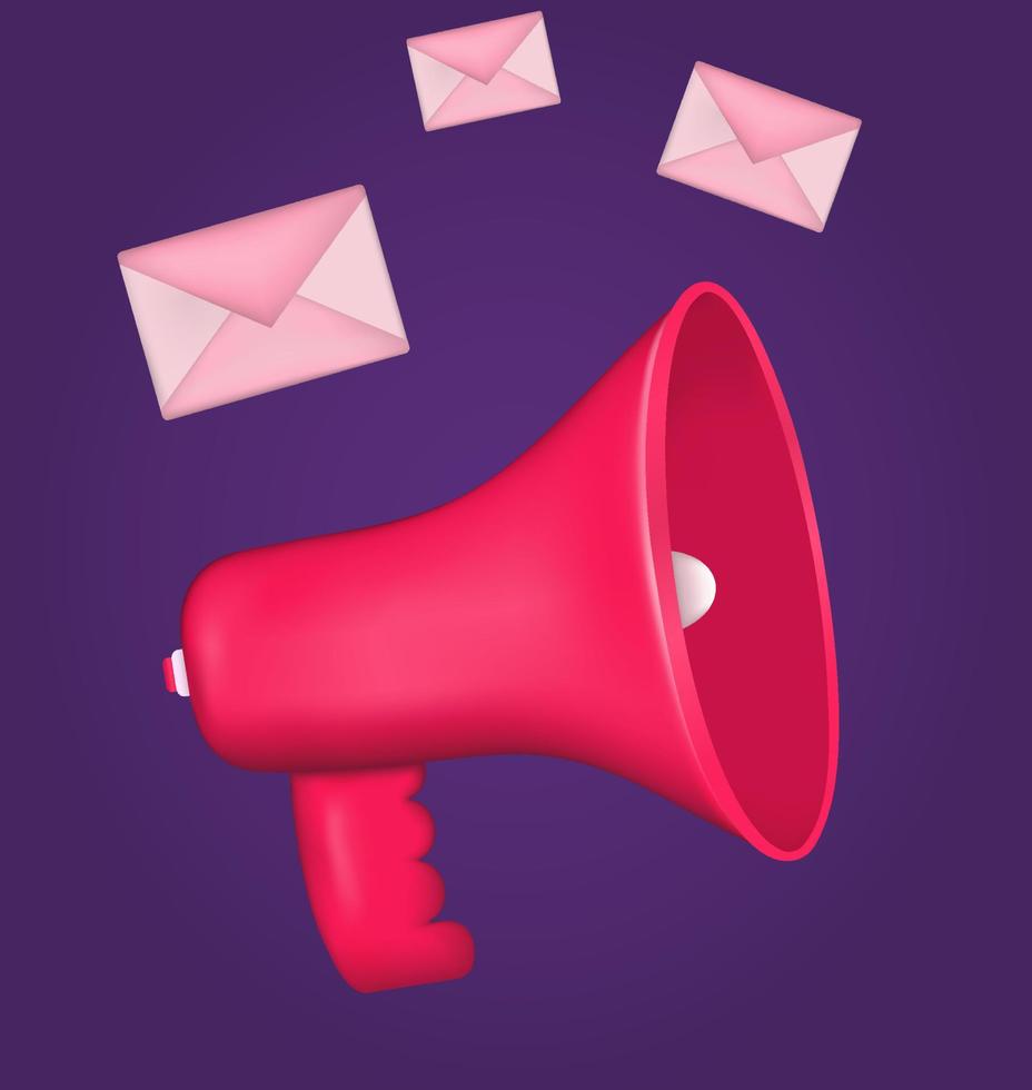 3D render de um megafone de cor rosa com envelopes. palestrante. ilustração vetorial de estoque. fundo lilás. negócios e finanças. vetor