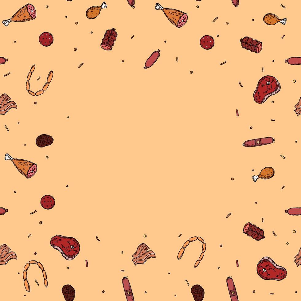 padrão de carne sem costura com lugar para texto. fundo de carne colorida. ilustração vetorial doodle com ícones de produtos de carne vetor