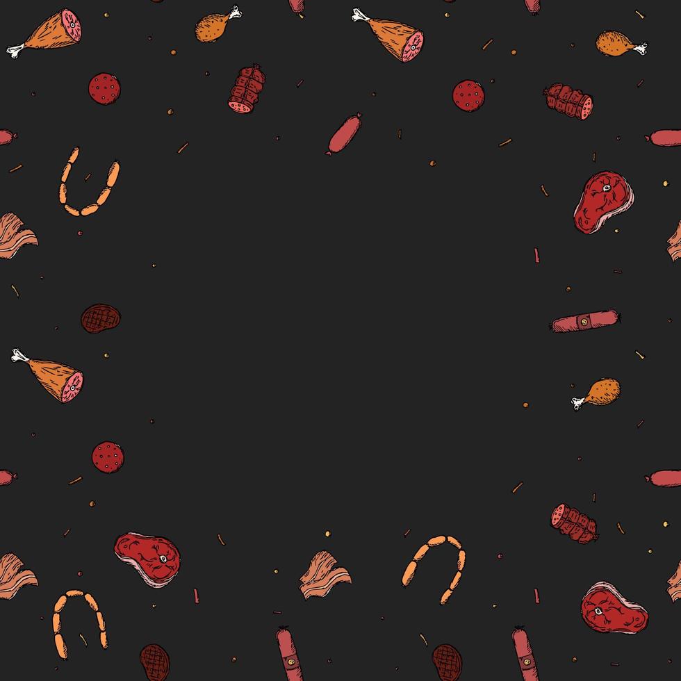 padrão de carne sem costura com lugar para texto. fundo de carne colorida. ilustração vetorial doodle com ícones de produtos de carne vetor