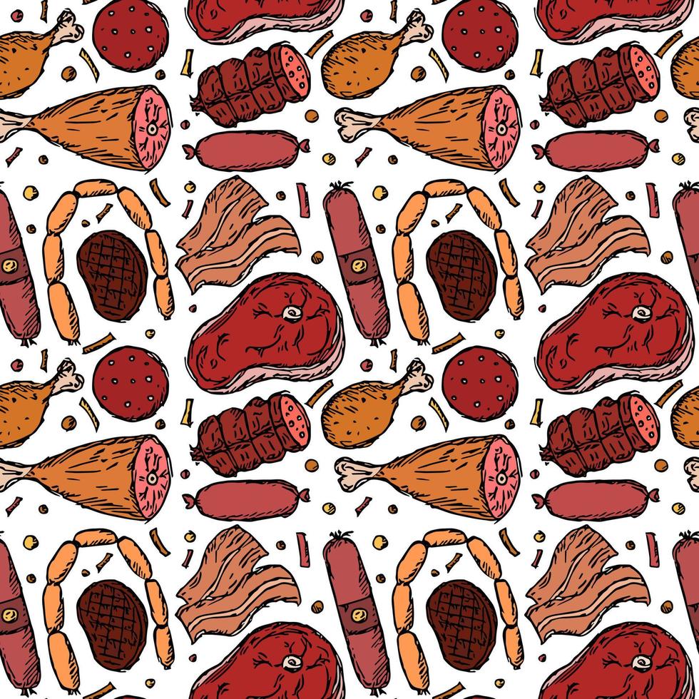 padrão de carne sem costura. fundo de carne colorida. ilustração vetorial doodle com ícones de produtos de carne vetor