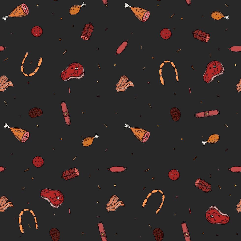 padrão de carne sem costura. fundo de carne colorida. ilustração vetorial doodle com ícones de produtos de carne vetor