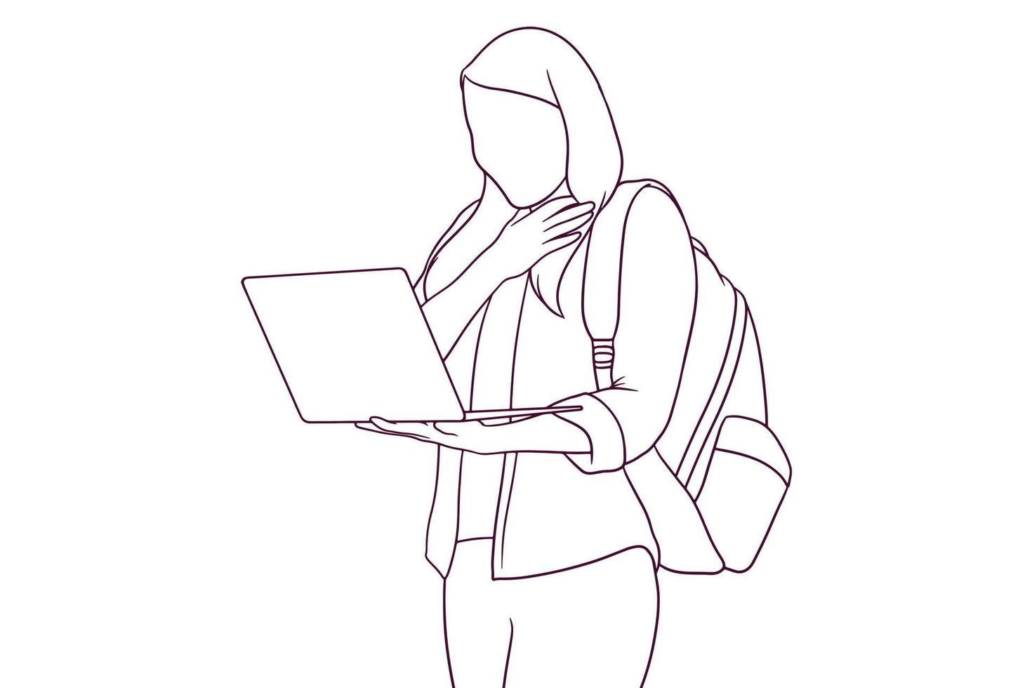 aluna surpresa com mochila enquanto estiver usando o laptop. ilustração vetorial de estilo desenhado à mão vetor