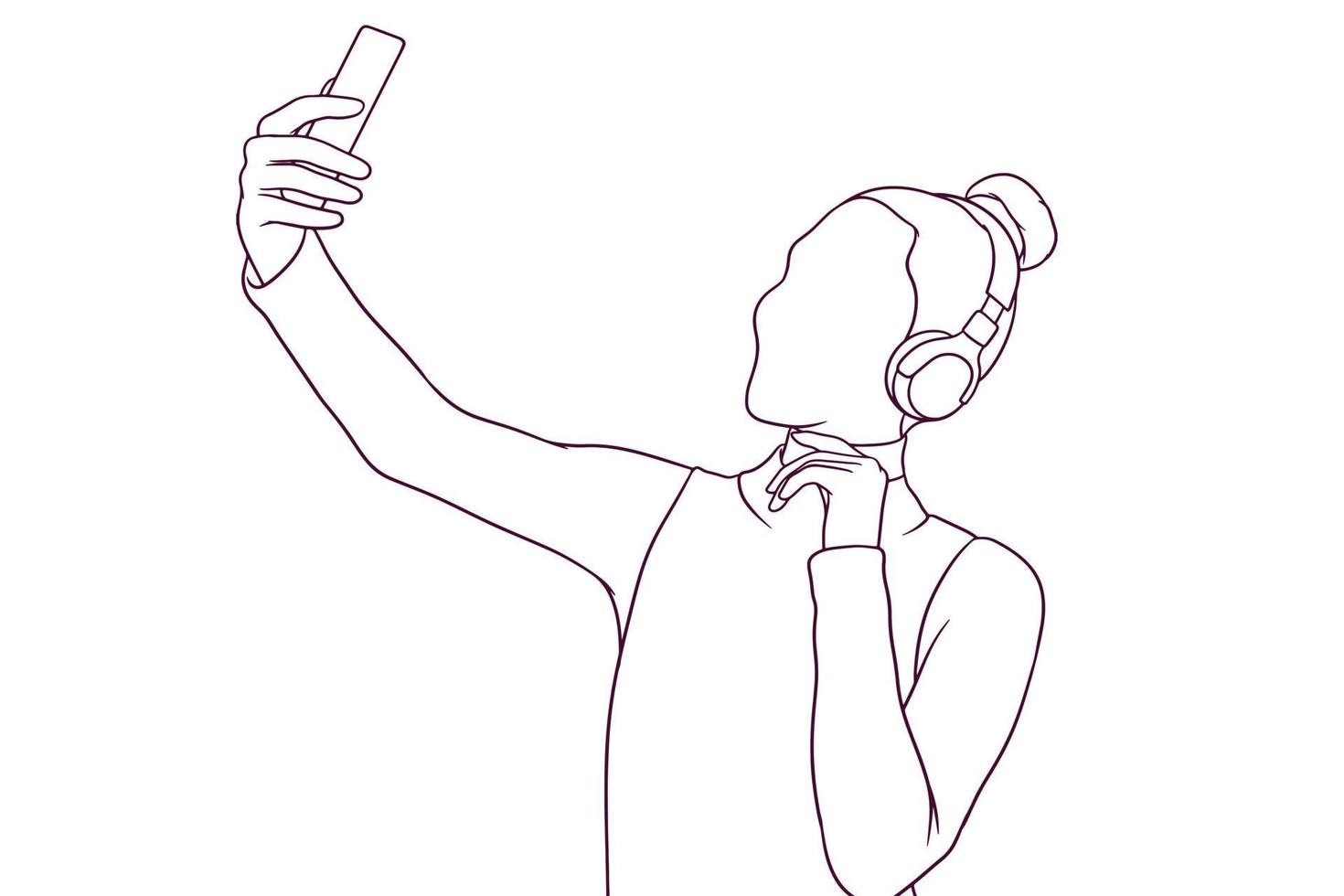 linda garota com fone de ouvido tomar selfie. ilustração vetorial de estilo desenhado à mão vetor