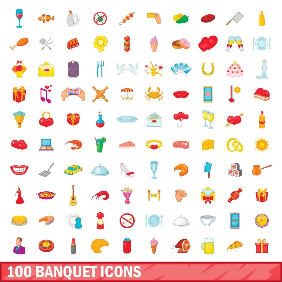 conjunto de 100 ícones de banquete, estilo cartoon vetor