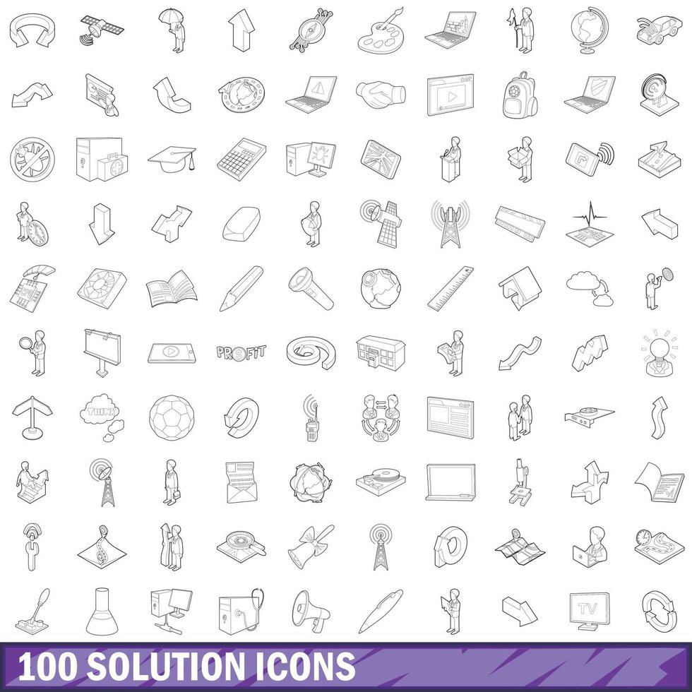 conjunto de 100 ícones de solução, estilo de estrutura de tópicos vetor