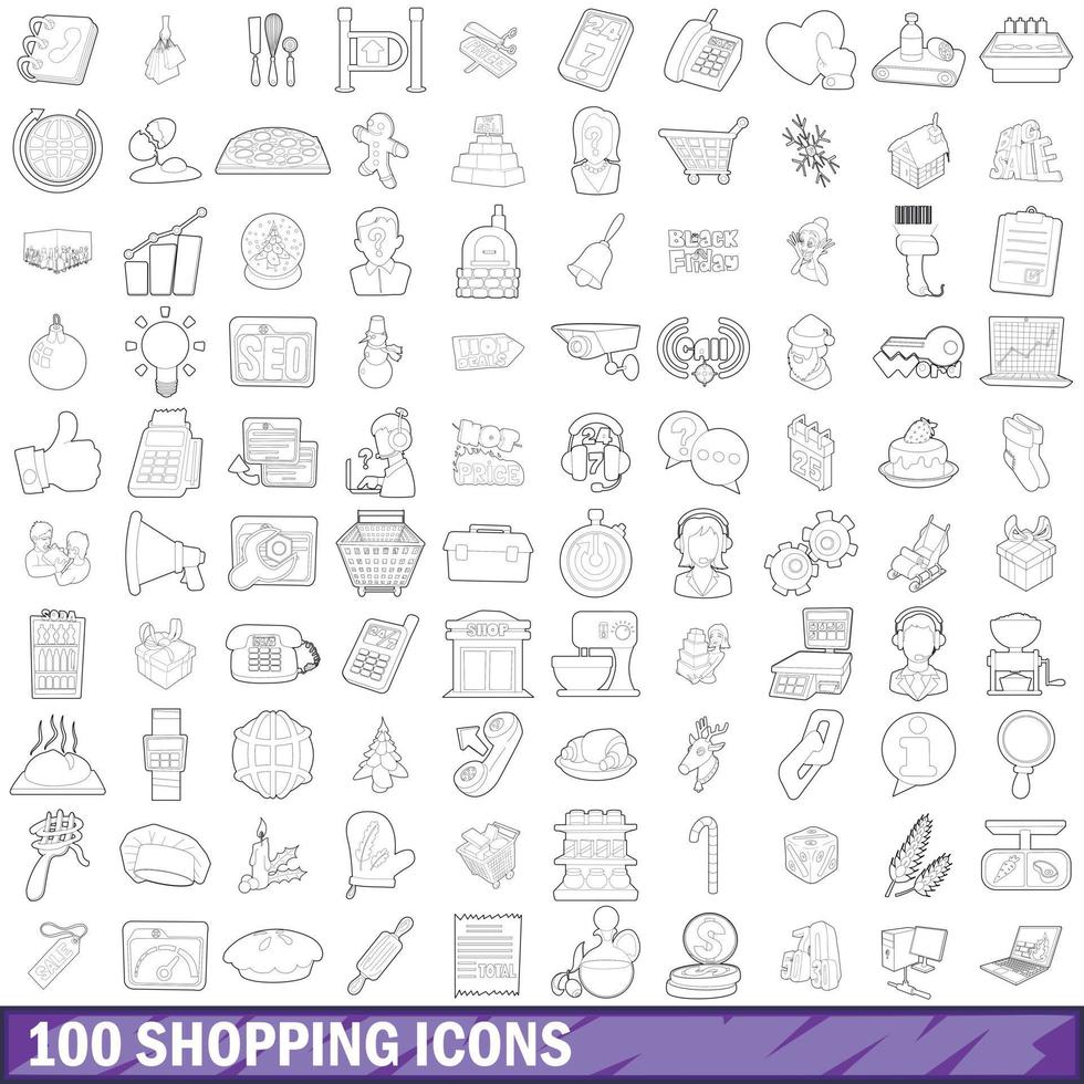 conjunto de 100 ícones de compras, estilo de estrutura de tópicos vetor