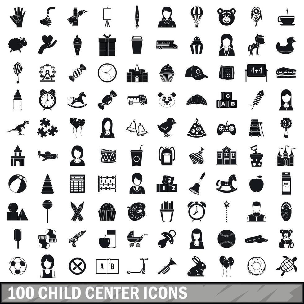 Conjunto de 100 ícones do centro infantil, estilo simples vetor