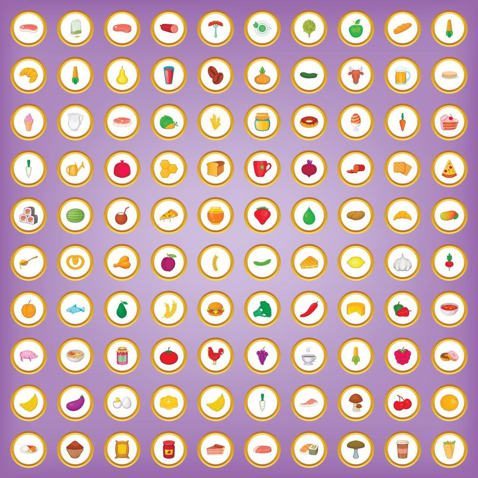 100 ícones de alimentos frescos definidos em estilo cartoon vetor