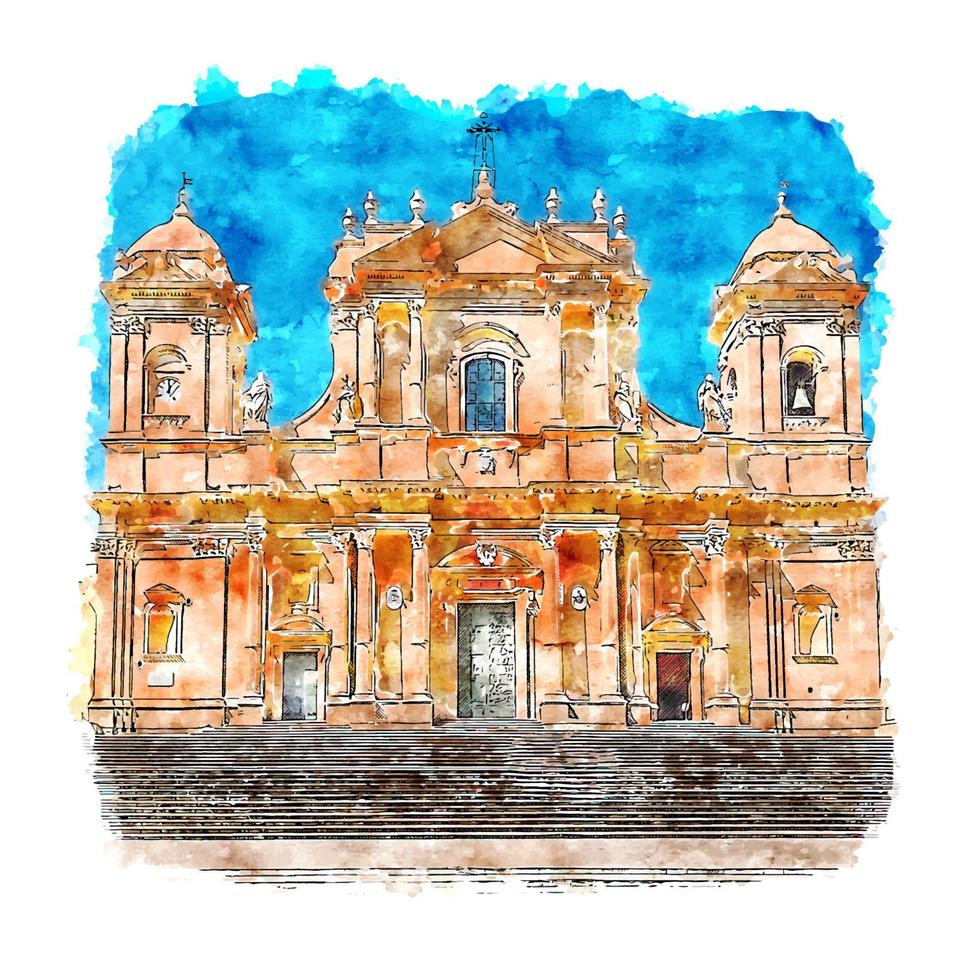 cattedrale di noto itália esboço em aquarela ilustração desenhada à mão vetor