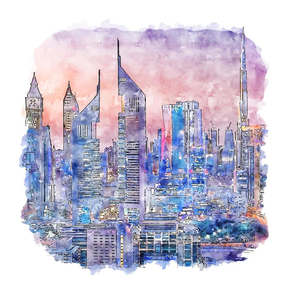 dubai emirados árabes unidos esboço em aquarela ilustração desenhada à mão vetor